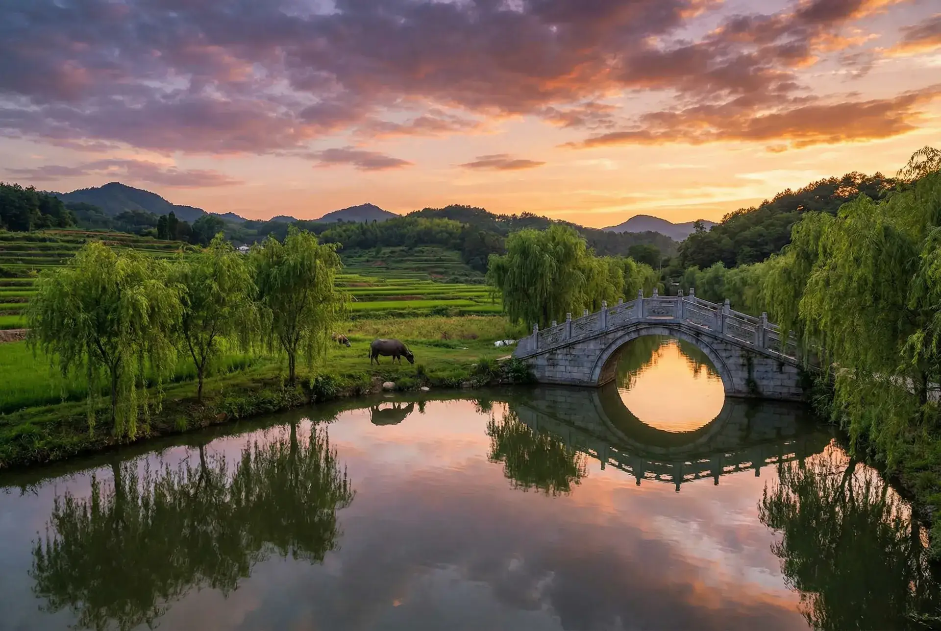 夕阳下的石拱桥与垂柳，水牛在河边吃草 - 国产熟女 如狼似虎 乡村美景
